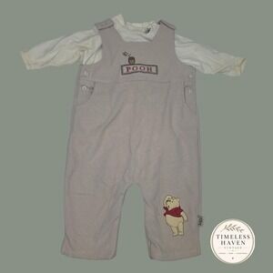 Vintage Disney Winnie the Pooh beige jumpsuit set bee Embroidery baby size 18 M